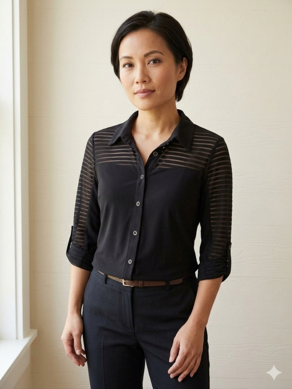 Black Sheer-Panel Button-Front Blouse